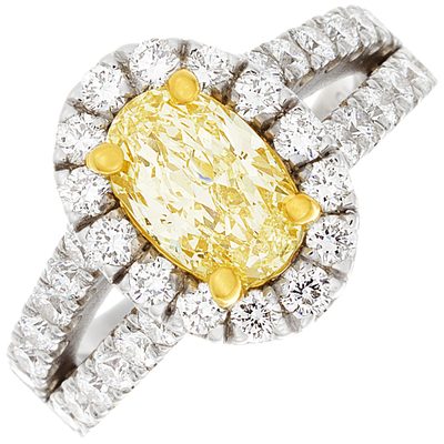 18K WG Halo 2.85 CTW Oval cut Diamond Engagement Ring Fancy Yellow GIA certified