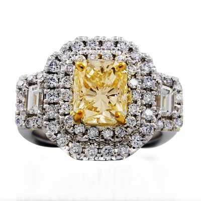 Fancy Yellow GIA Certified Radiant cut Diamond Engagement Ring 3.50 CTW 18K Gold