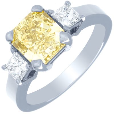 3 Stone GIA Fancy Yellow 3.00 Carat Cushion Cut Diamond Engagement Ring in 18k