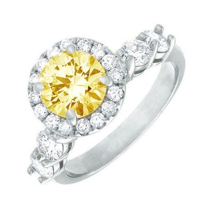 GIA 3.25 Carat Fancy Yellow Round Cut Diamond Engagement Ring in 18k White Gold
