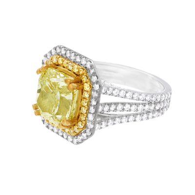 2 Tone 4.50 Carat Cushion Cut GIA Fancy Yellow Diamond Engagement Ring in 18k