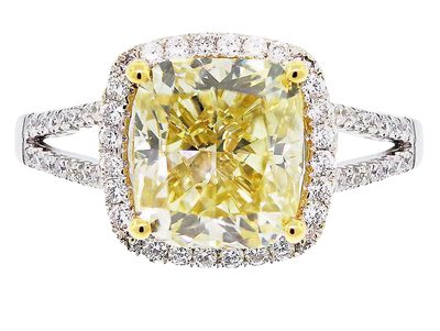 GIA 3.25 CT Fancy Light Yellow Cushion Cut Ring - 14K w/ Colorless Side Diamonds