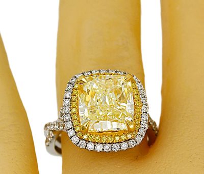 5 CT Fancy Yellow Cushion Cut Diamond / GIA -Platinum Round Cut Double Halo Ring