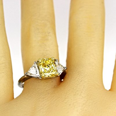 Three Stone Fancy Yellow Diamond Ring / 2.00 CT Radiant Cut Center with Triangle
