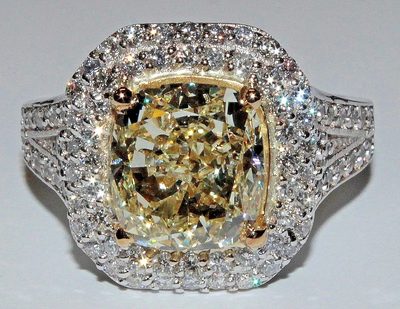 Handcrafted Fancy Yellow GIA 3.70 Carat Cushion Cut Diamond Engagement Ring 18k
