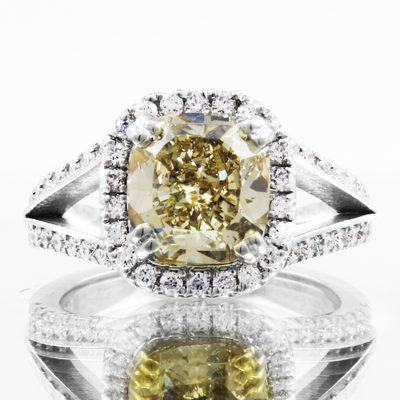 18k White Gold 3.93 Carat GIA Fancy Yellow Cushion Cut Diamond Engagement Ring