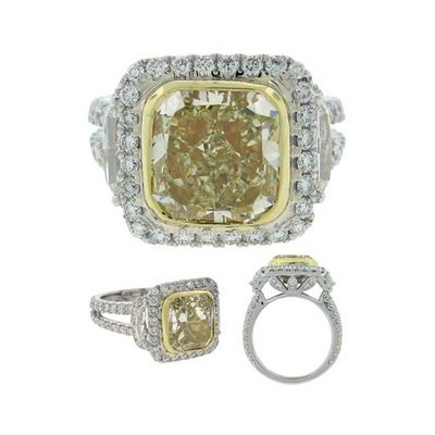 Fancy Yellow GIA 6.50 Carat Cushion Cut Diamond Engagement Ring in 18k Gold
