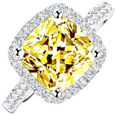 GIA 5 CT Fancy Intense Yellow Cushion Cut Diamond - Round Cut Platinum Halo Ring