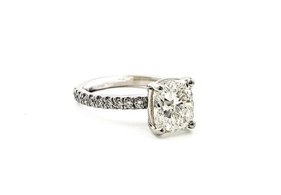 2.00 CT Cushion Cut GIA Certified Diamond - 18K White Ring / Rounds Pave' Set